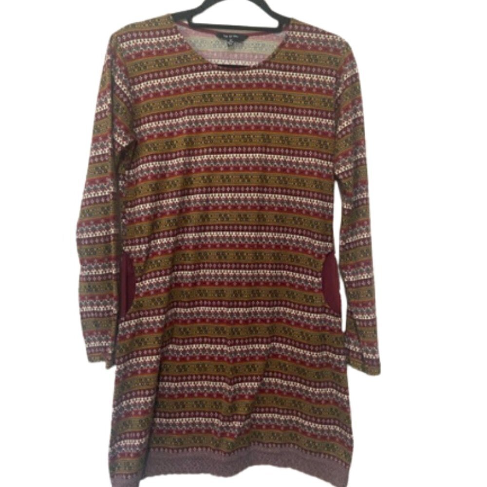 Yak & Yeti women's M nordic print crochet trim pocket tunic mini dress EUC